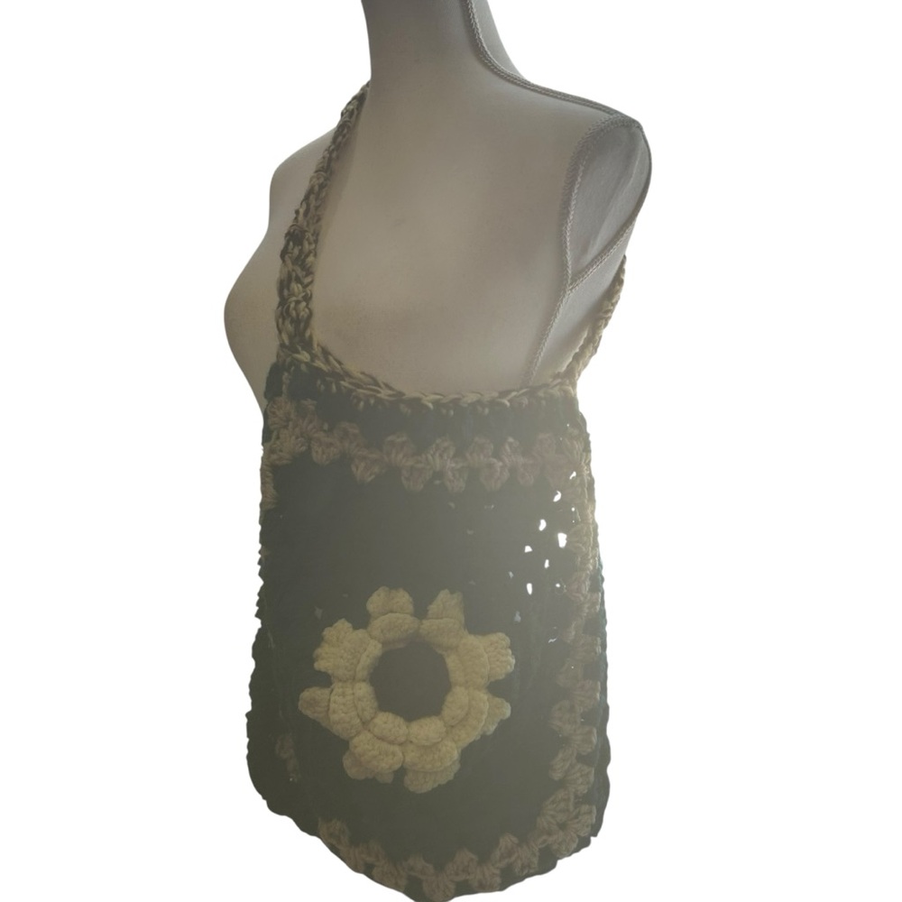 Handmade Crochet Sunflower Shoulder Bag Boho Granny Square Tote green yellow
